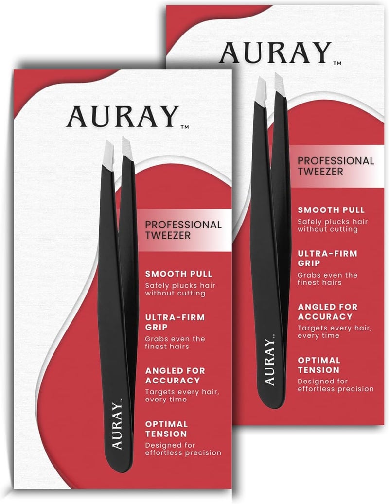 AURAY Eyebrow Tweezers Women Facial Hair, Stainless Steel Facial Hair Removal Precision Tweezer for Men & Women in Black, Slanted Tip Eyebrow Plucker for Easy Plucking, Professional Tweezers by (2) - Image 1